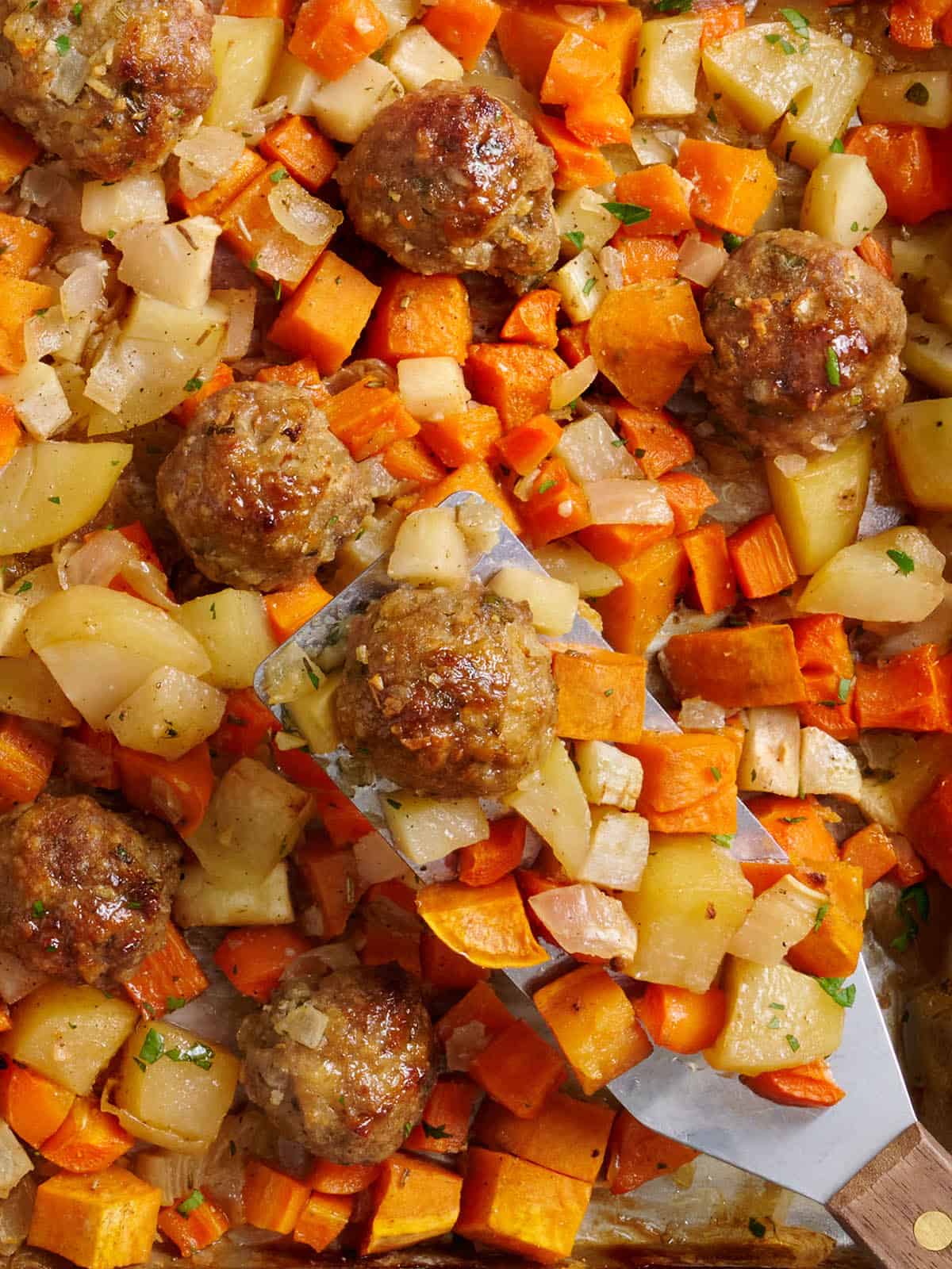 Sheet Pan Turkey Meatballs with Root Vegetables